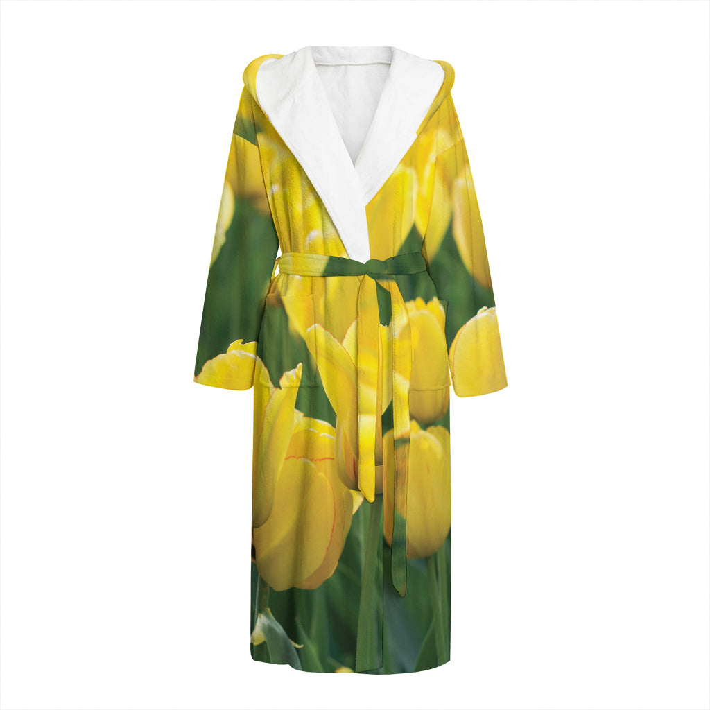 Yellow Tulip Print Hooded Bathrobe
