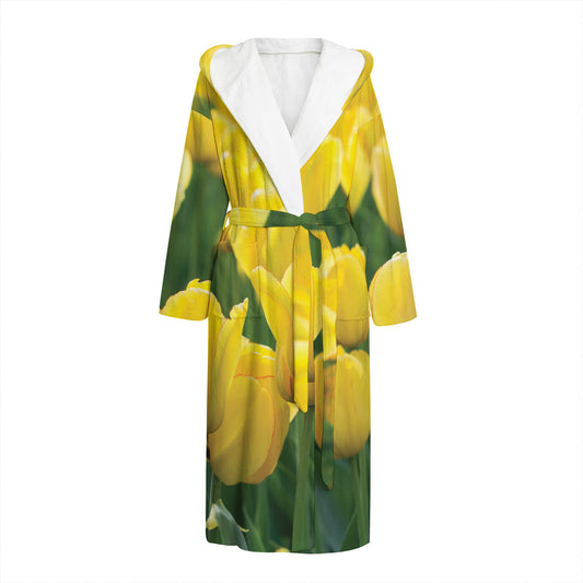 Yellow Tulip Print Hooded Bathrobe