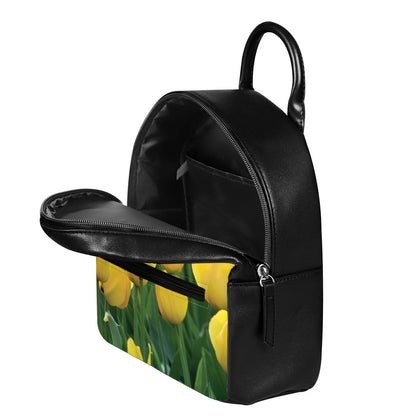Yellow Tulip Print Leather Backpack