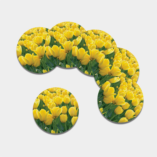Yellow Tulip Print Leather Coaster Set