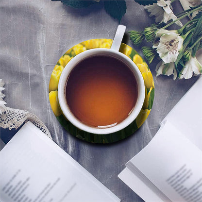 Yellow Tulip Print Leather Coaster Set