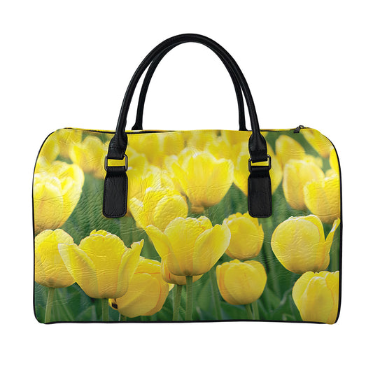 Yellow Tulip Print Leather Duffle Bag