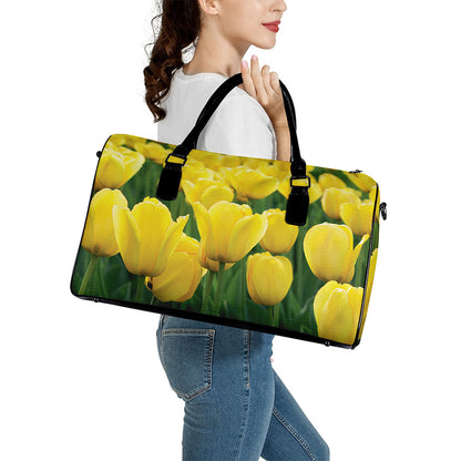 Yellow Tulip Print Leather Duffle Bag