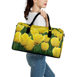 Yellow Tulip Print Leather Duffle Bag