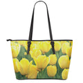 Yellow Tulip Print Leather Tote Bag With Zipper