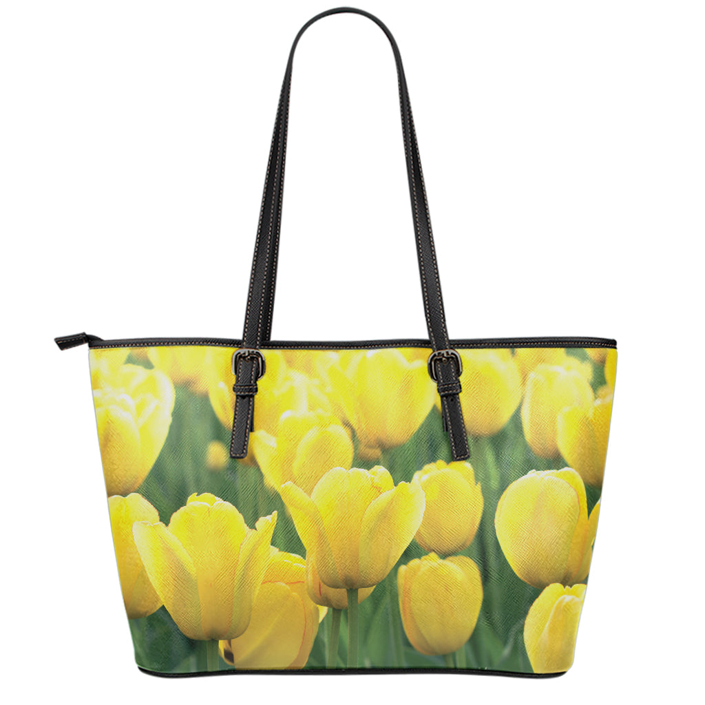 Yellow Tulip Print Leather Tote Bag