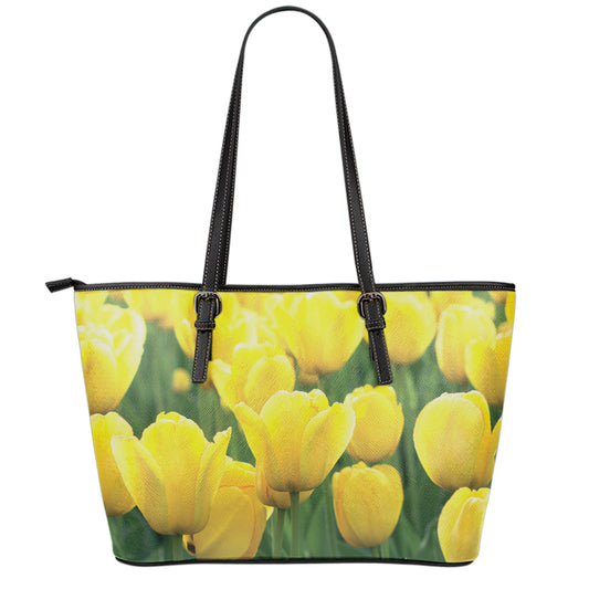 Yellow Tulip Print Leather Tote Bag