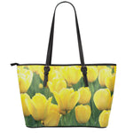Yellow Tulip Print Leather Tote Bag