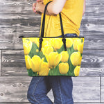 Yellow Tulip Print Leather Tote Bag