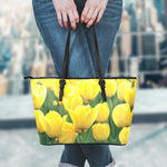 Yellow Tulip Print Leather Tote Bag