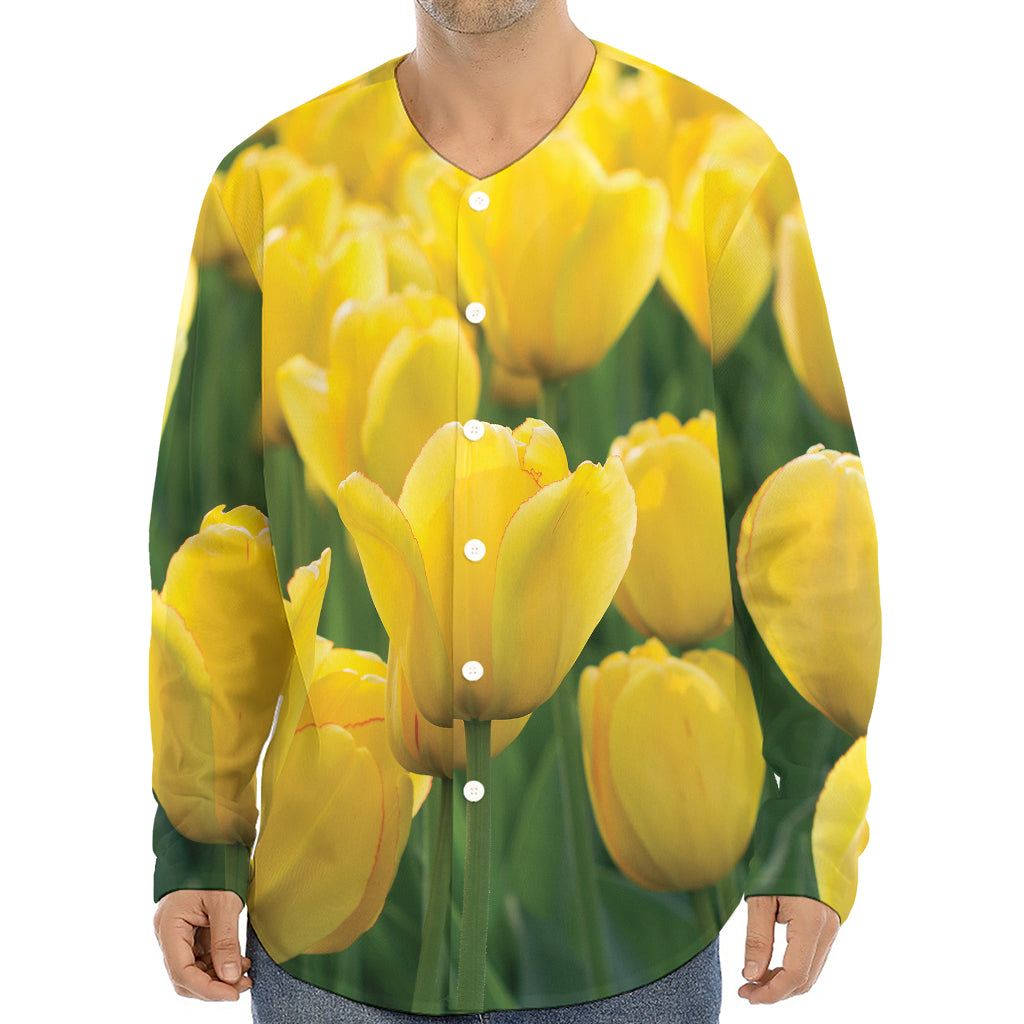 Yellow Tulip Print Long Sleeve Baseball Jersey