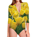 Yellow Tulip Print Long Sleeve Swimsuit