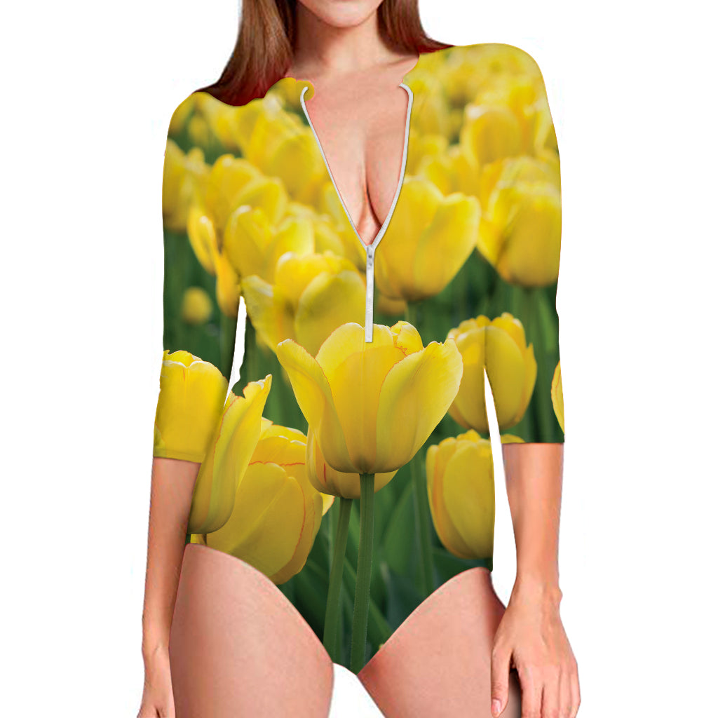 Yellow Tulip Print Long Sleeve Swimsuit