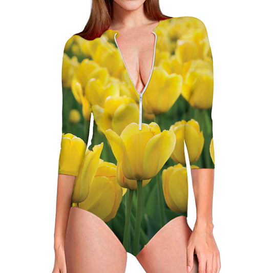 Yellow Tulip Print Long Sleeve Swimsuit