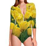 Yellow Tulip Print Long Sleeve Swimsuit