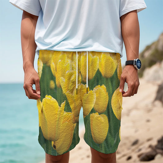 Yellow Tulip Print Men's Cargo Shorts