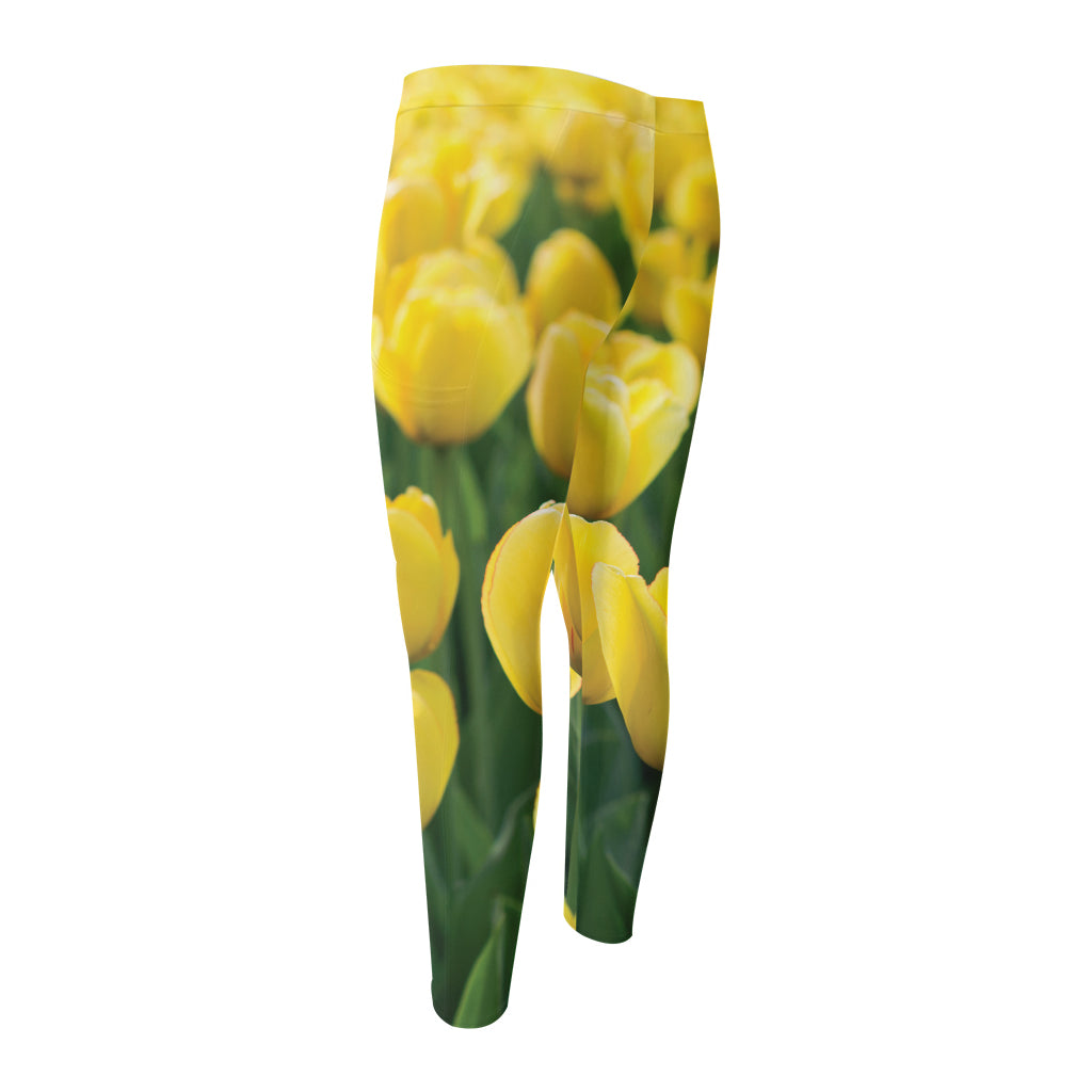 Yellow Tulip Print Men's Compression Pants