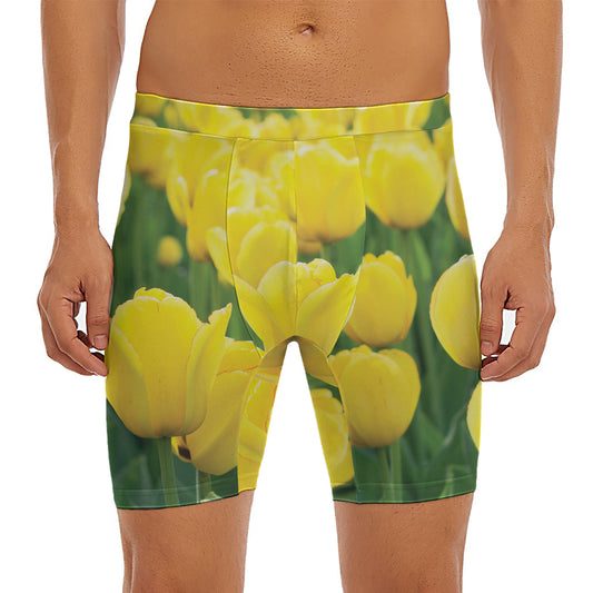 Yellow Tulip Print Men's Long Boxer Briefs