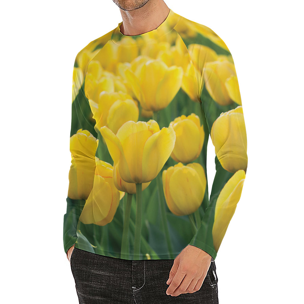 Yellow Tulip Print Men's Long Sleeve Rash Guard