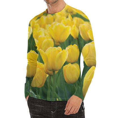 Yellow Tulip Print Men's Long Sleeve Rash Guard