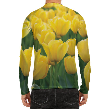 Yellow Tulip Print Men's Long Sleeve Rash Guard