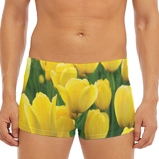 Yellow Tulip Print Men's Short Boxer Briefs