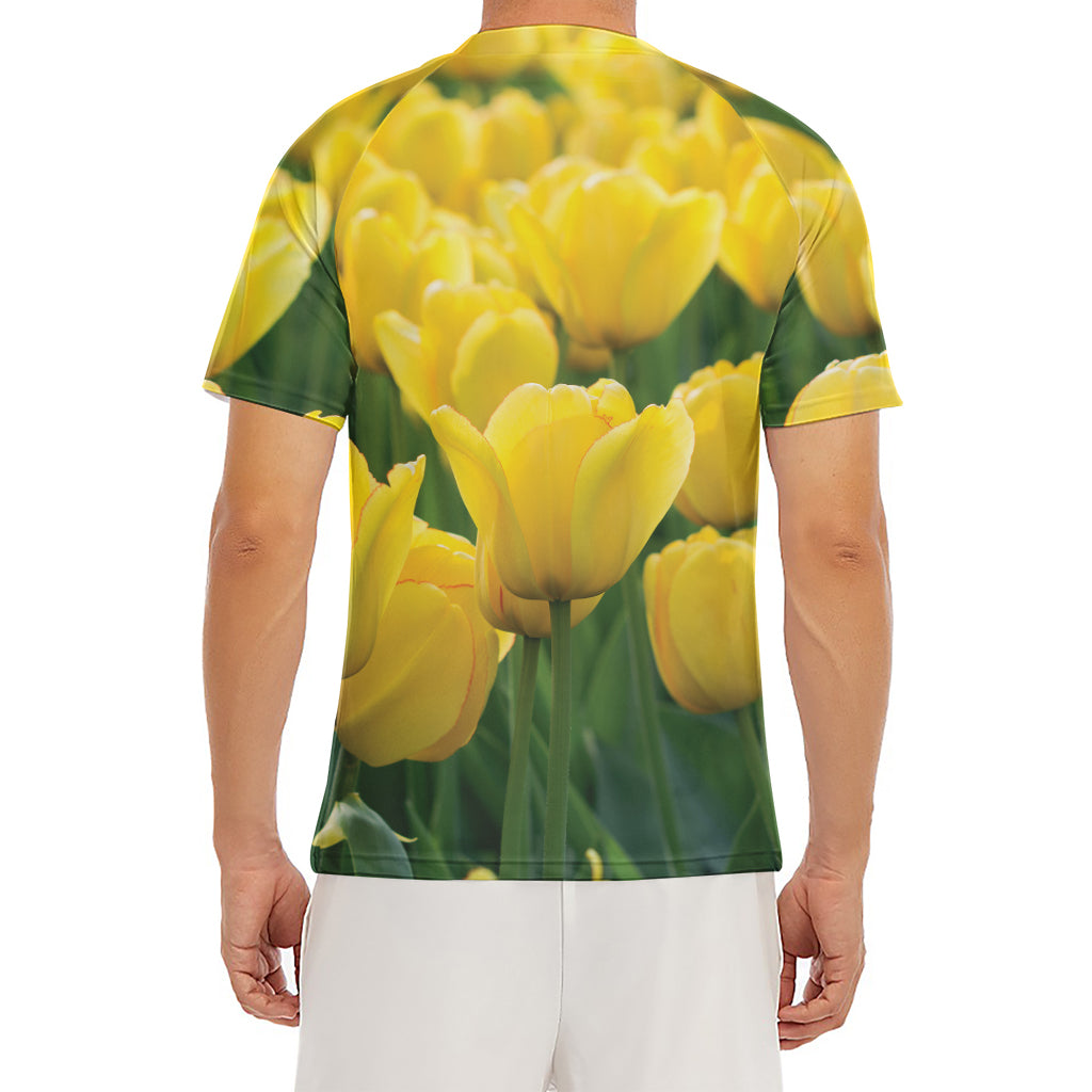 Yellow Tulip Print Men's Short Sleeve Rash Guard