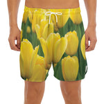 Yellow Tulip Print Men's Split Running Shorts