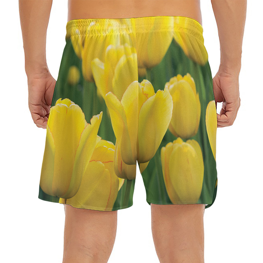 Yellow Tulip Print Men's Split Running Shorts