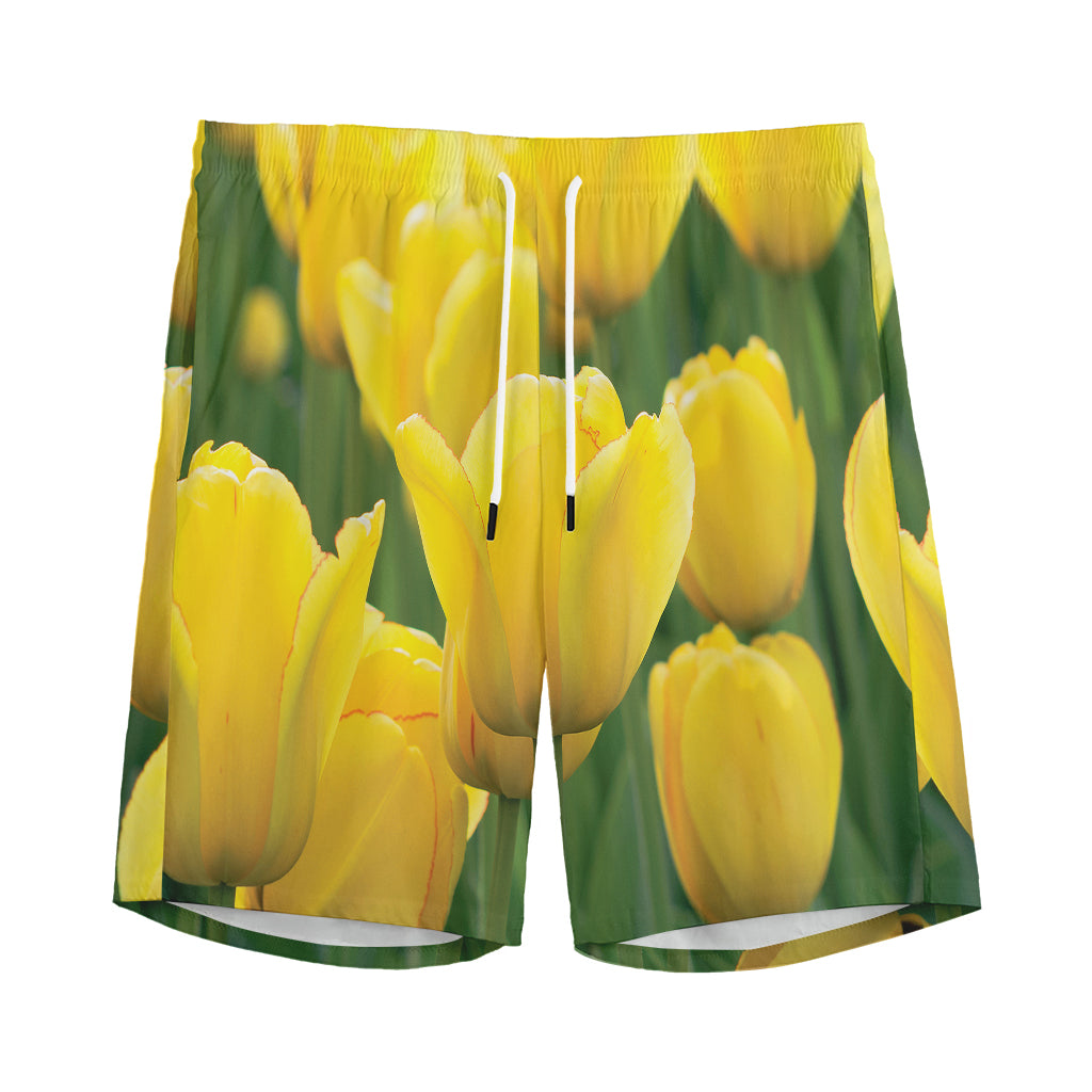 Yellow Tulip Print Men's Sports Shorts