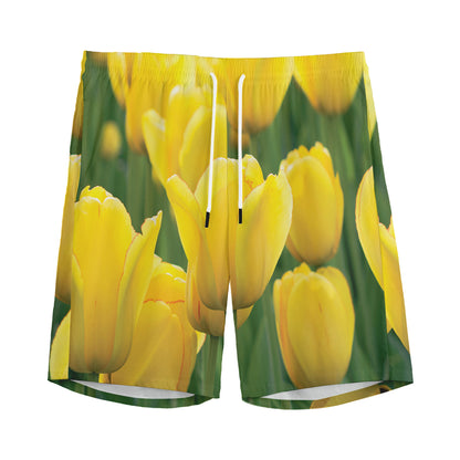 Yellow Tulip Print Men's Sports Shorts