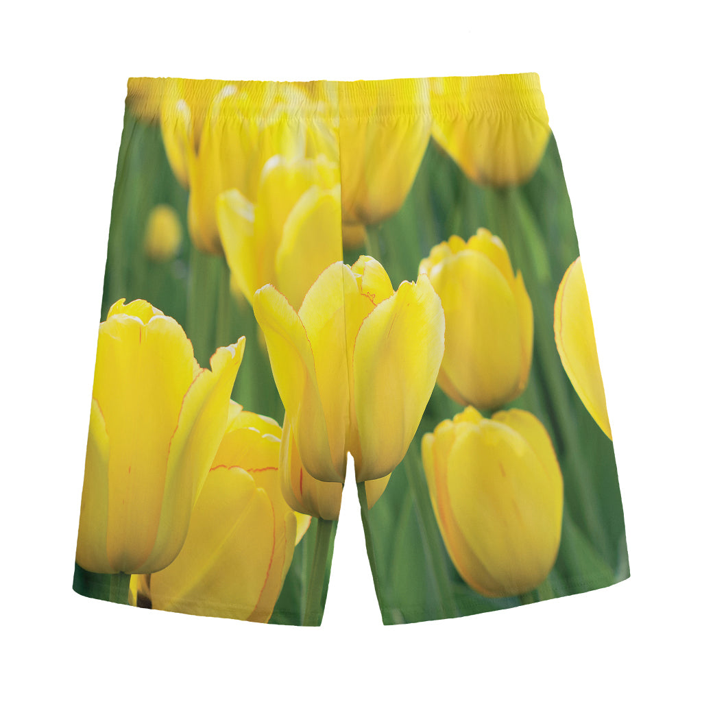Yellow Tulip Print Men's Sports Shorts