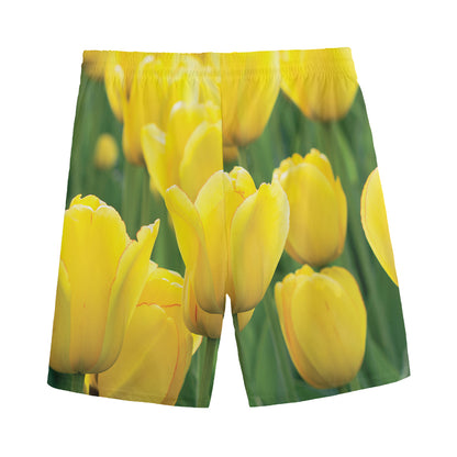 Yellow Tulip Print Men's Sports Shorts