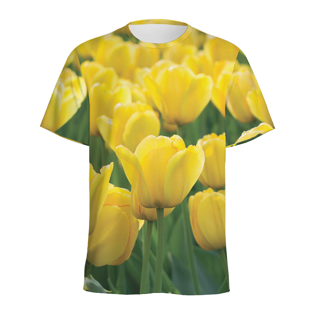 Yellow Tulip Print Men's Sports T-Shirt