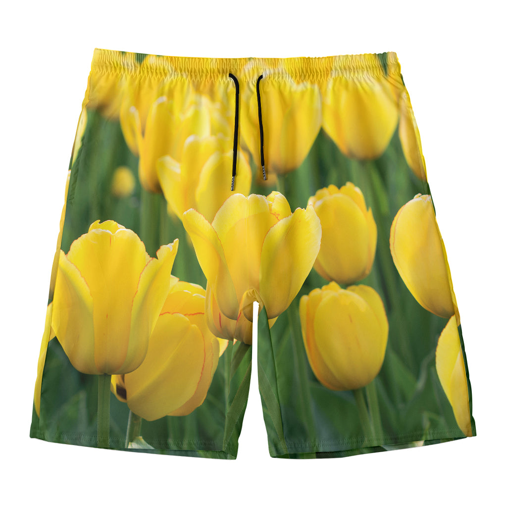 Yellow Tulip Print Men's Swim Trunks