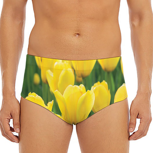 Yellow Tulip Print Men's Triangle Swim Briefs