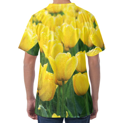 Yellow Tulip Print Men's Velvet T-Shirt