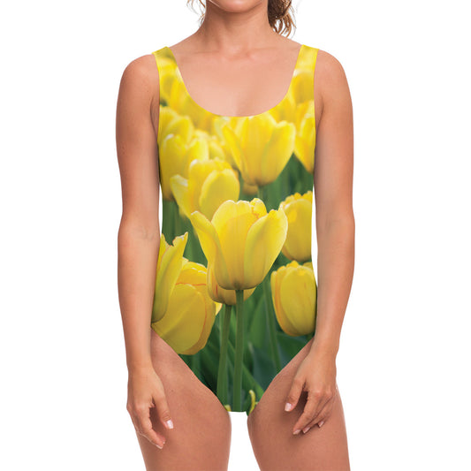 Yellow Tulip Print One Piece Swimsuit
