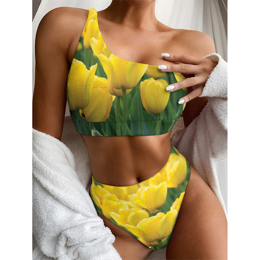 Yellow Tulip Print One Shoulder Bikini Top