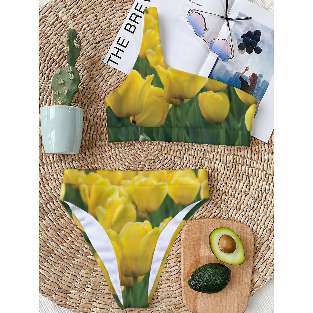 Yellow Tulip Print One Shoulder Bikini Top