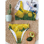 Yellow Tulip Print One Shoulder Bikini Top