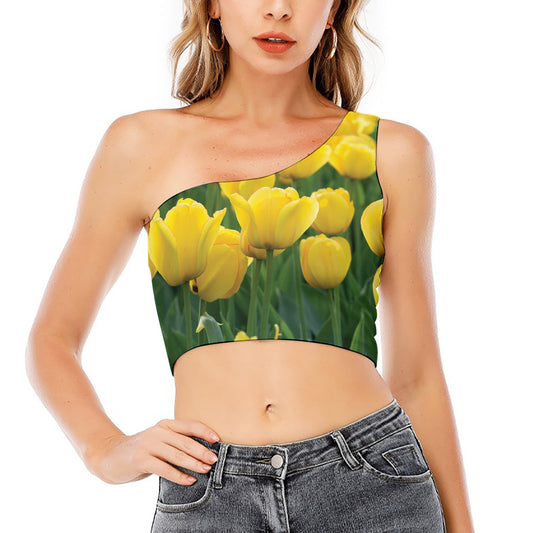 Yellow Tulip Print One Shoulder Crop Top