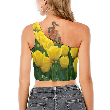 Yellow Tulip Print One Shoulder Crop Top