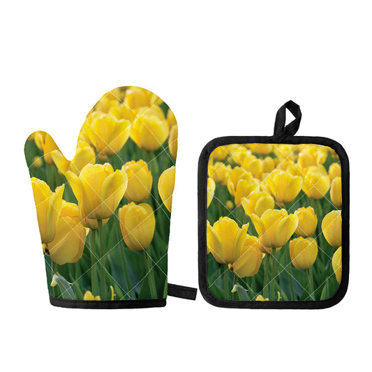 Yellow Tulip Print Oven Mitt And Pot Holder Set