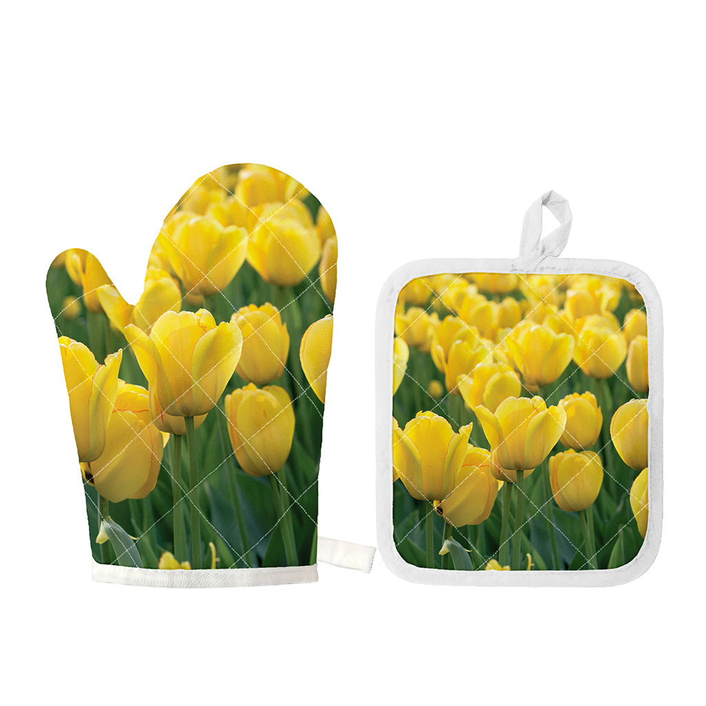 Yellow Tulip Print Oven Mitt And Pot Holder Set