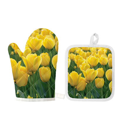 Yellow Tulip Print Oven Mitt And Pot Holder Set