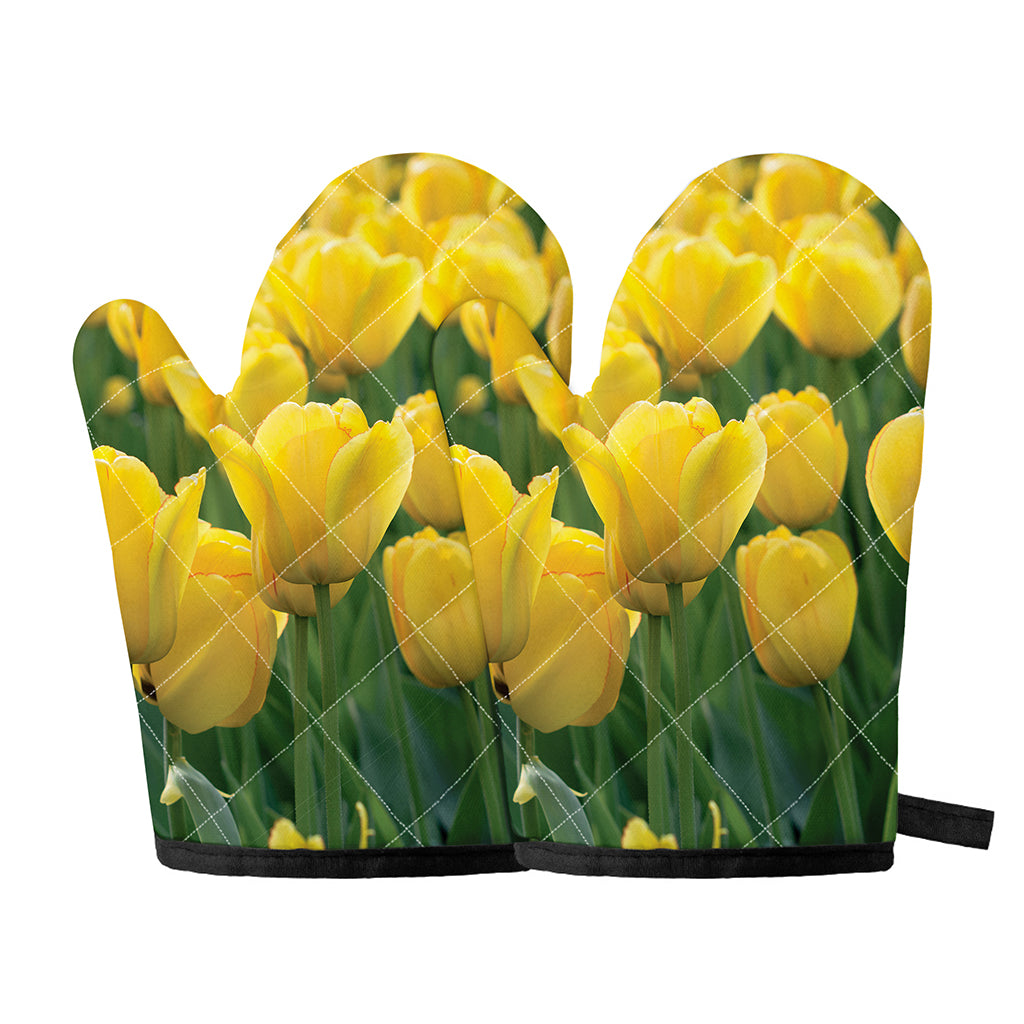 Yellow Tulip Print Oven Mitts
