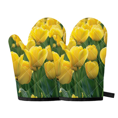Yellow Tulip Print Oven Mitts