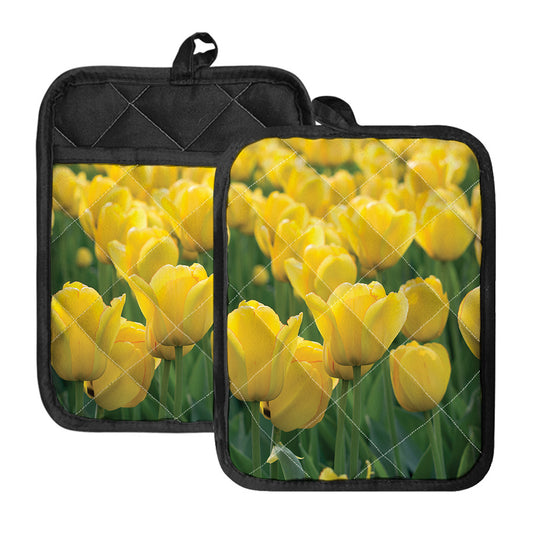 Yellow Tulip Print Pot Holders With Pocket