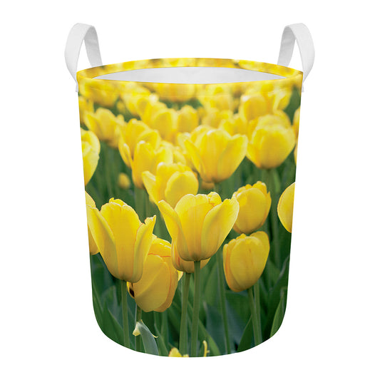 Yellow Tulip Print Round Laundry Basket
